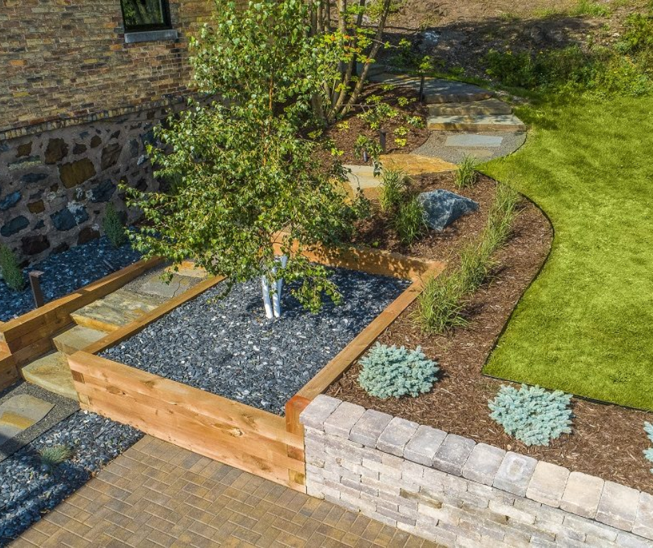 retaining wall, stone stairs, and stepping stones