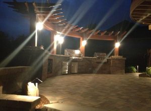 Outdoor Kitchen with lighting, fall landscaping