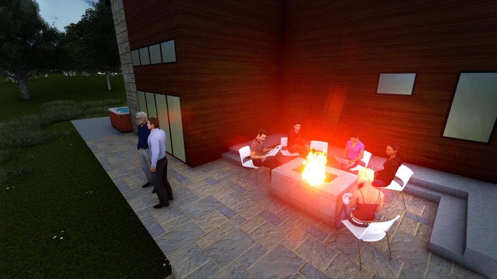 Computer rendering of a patio with a fire pit